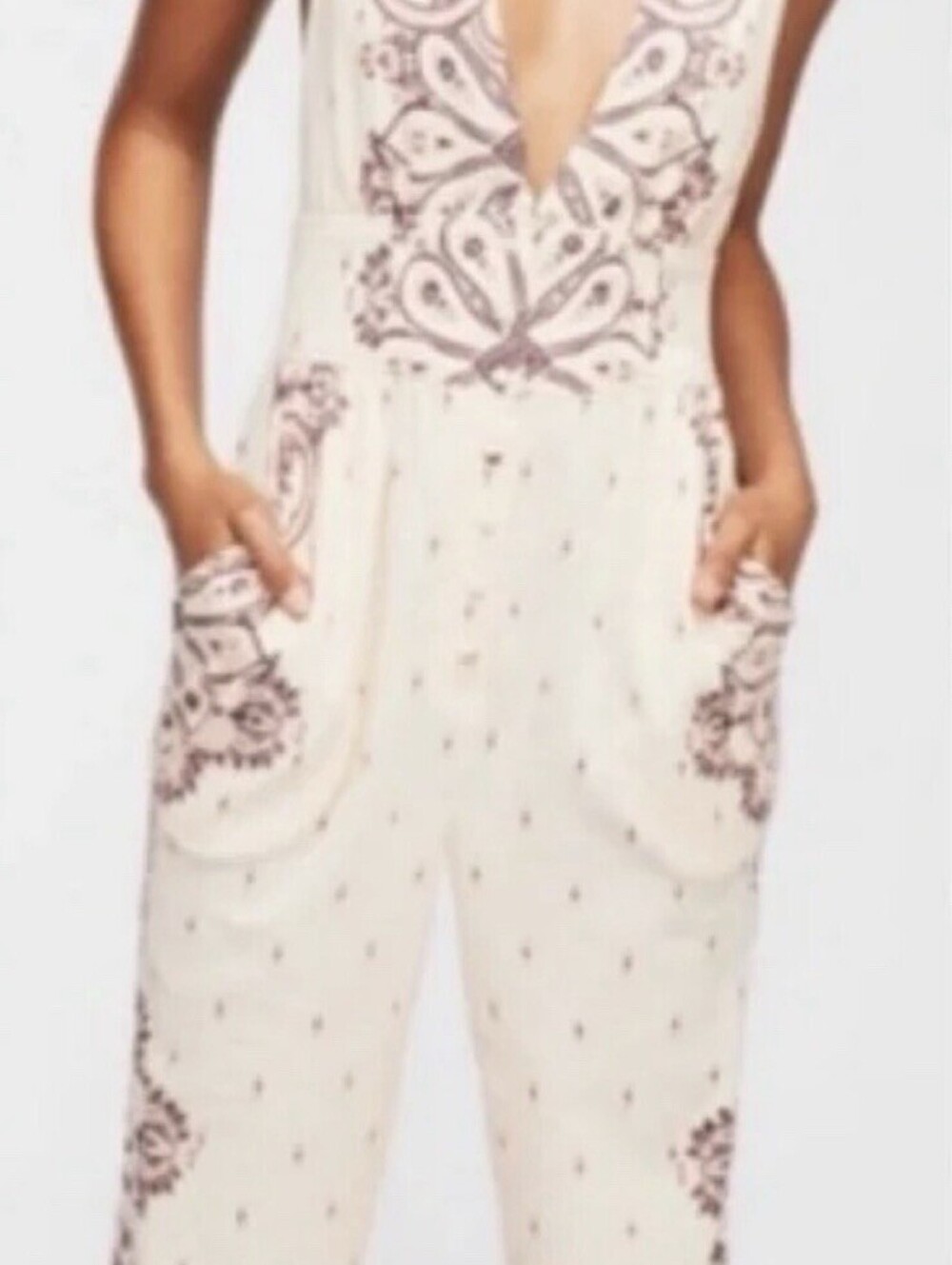 Free People Paisley Print Deep V-Neck Wide Leg Jumpsuit Peach Purple Size XSmall